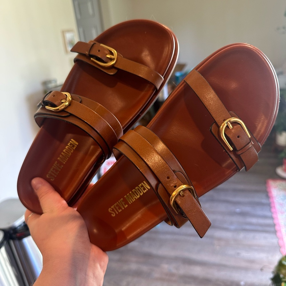 Steve Madden Tan Leather Double-Buckle Slides with Gold Hardware